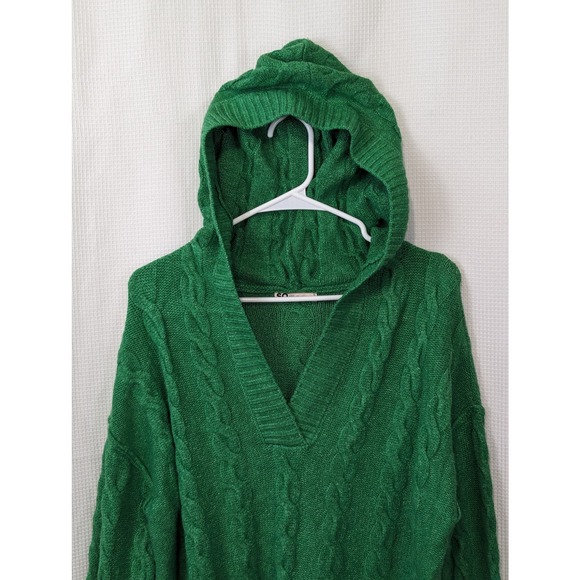 SO! EMERALD GREEN CABLE KNIT HOODIE SWEATER! SZ L - Picture 4 of 10